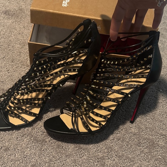 Christian Louboutin Black Strappy Studded Heels - Picture 2 of 4